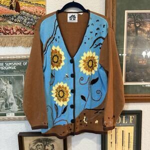 Vintage 90s‎ RARE Womens Storybook Knits Floral Sunflower Cardigan Sweater Large